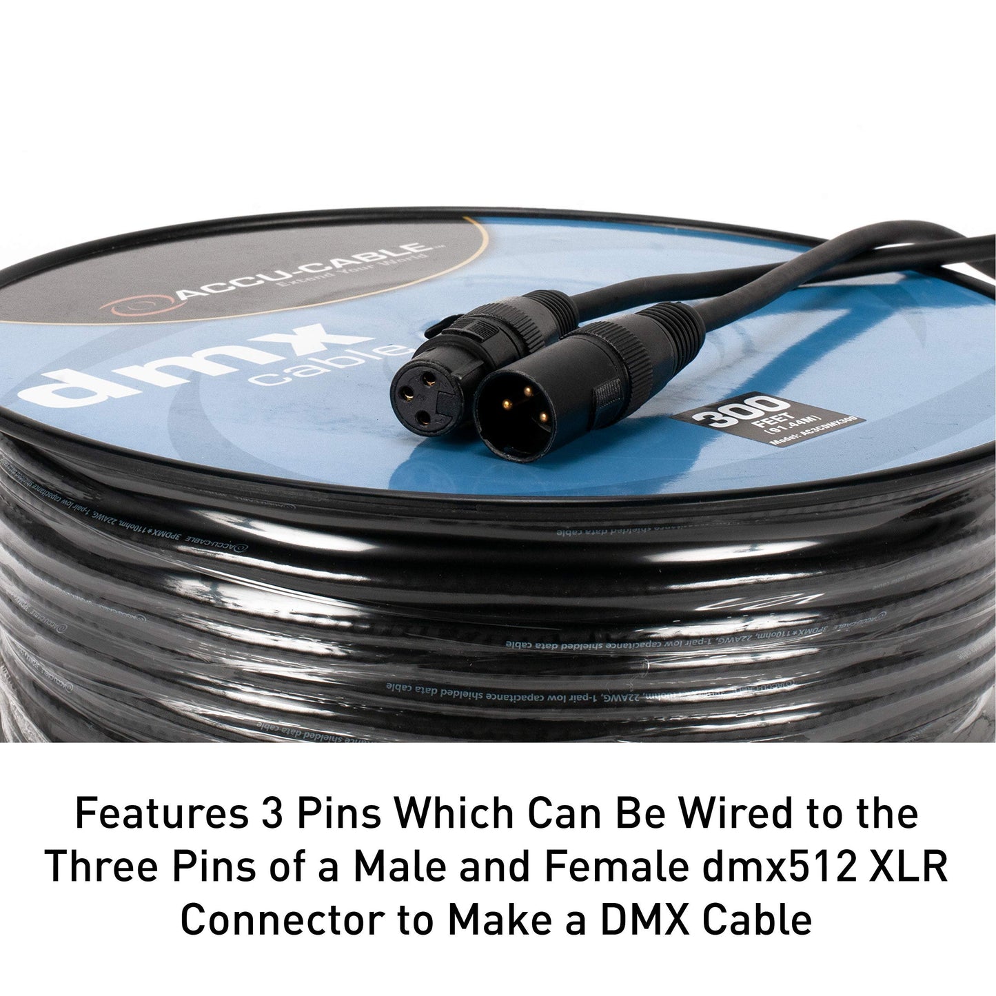 Accu Cable AC3CDMX300, DMX Stage Light Cable, 3 Pin DMX Extension Cable Spool (300 FT)