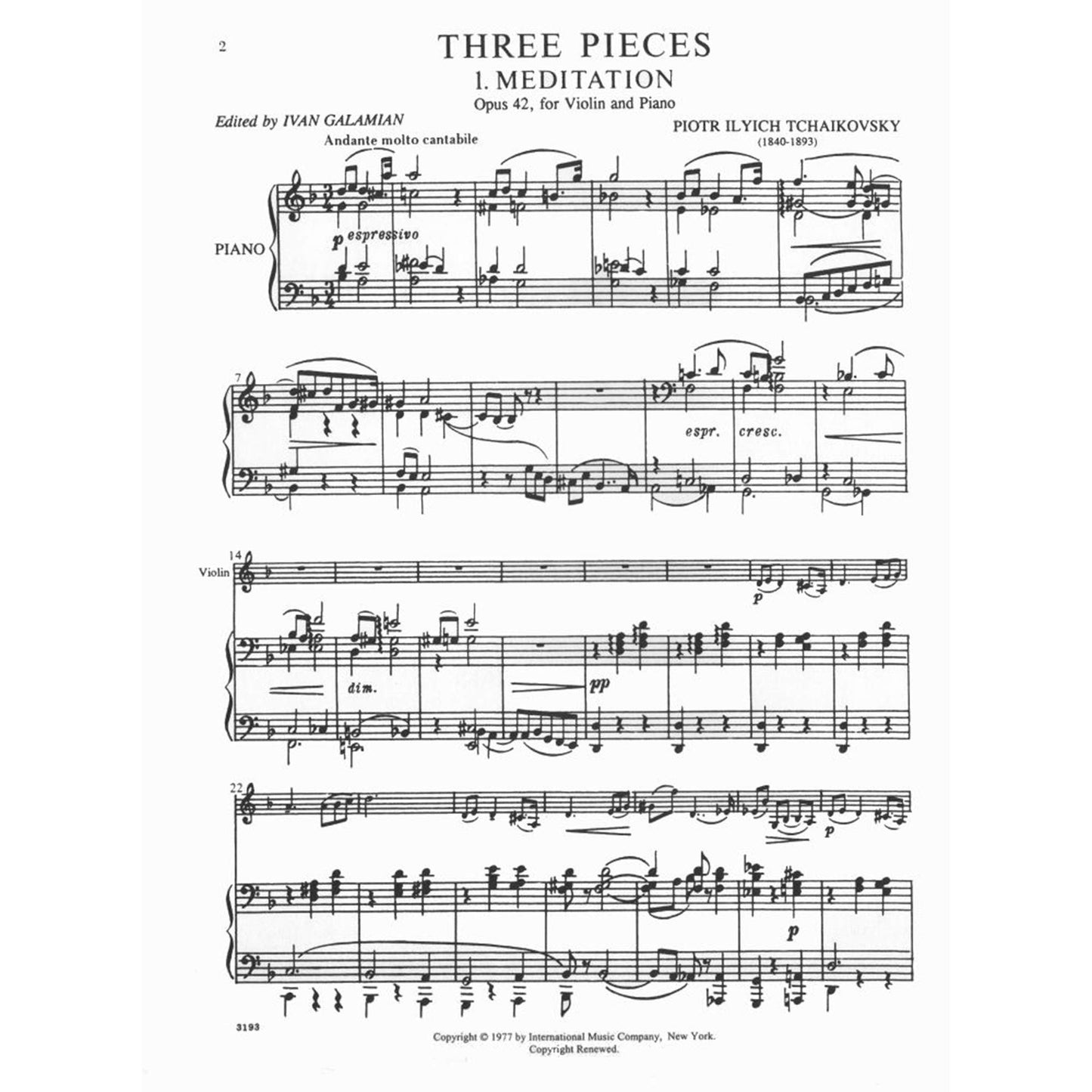 Tchaikovsky Pyotr Ilyich Three Pieces, Op 42. For Violin and Piano. by Ivan Galamian. International