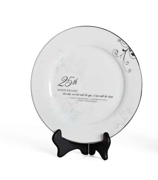 Roman 25th Wedding Anniversary Plate – 2-Piece Set with Decorative Plate and Stand, Elegant Silver Gift for Couples
