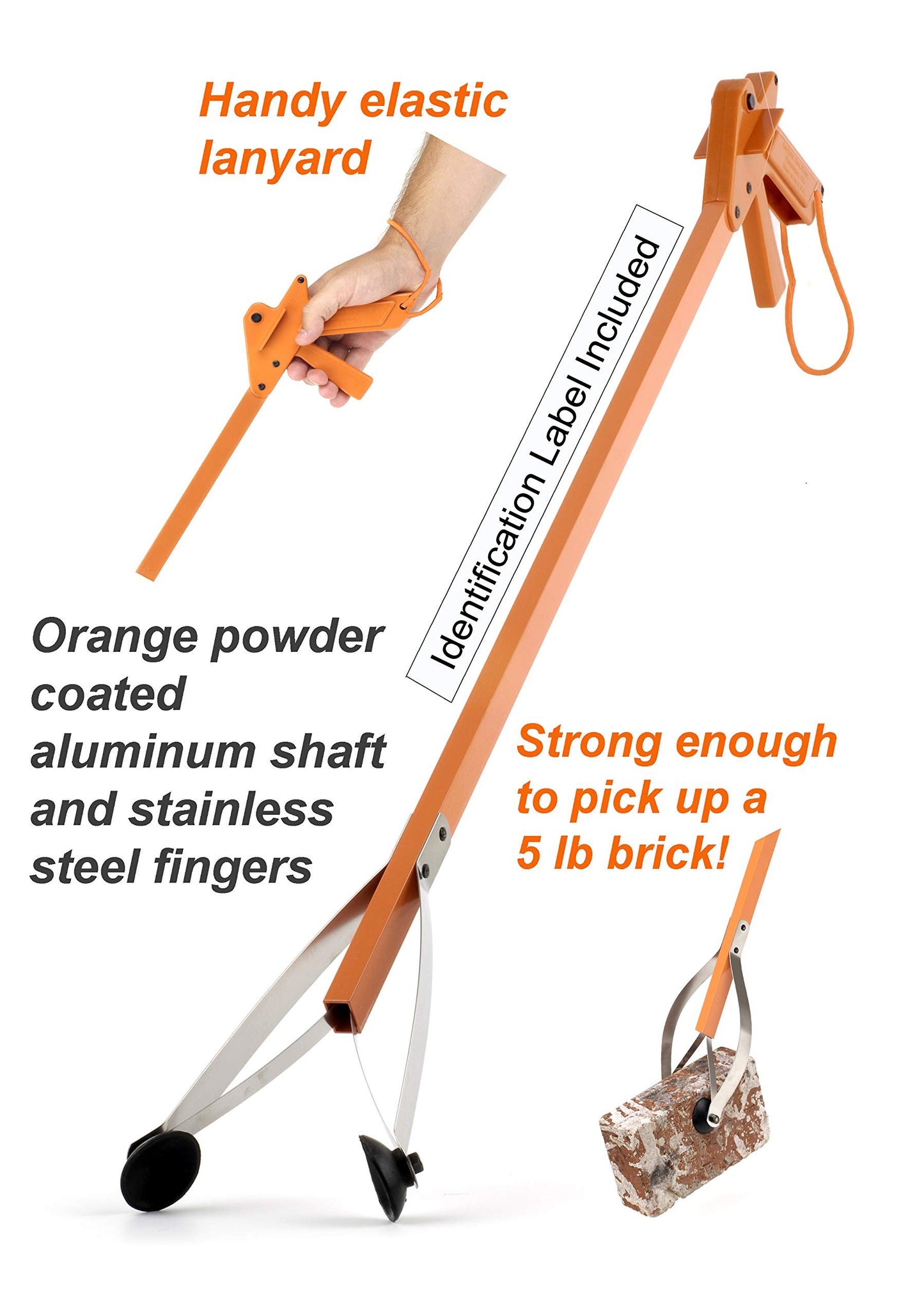 ArcMate Orange-U-Tongs PRO Grade Litter Pick up Tool, Elastic Lanyard, Suction Cup Reacher Grabber for Indoor or Outdoor Use, 33" Reach, 5lb. Pick Up Capacity, Orange, 36", 6 Pack (7702-6)