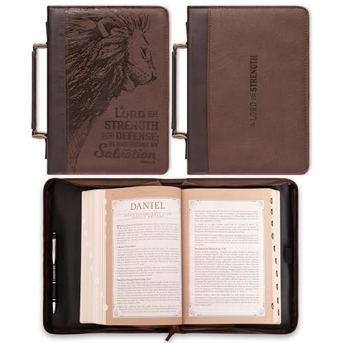 Christian Art Gifts Men's Classic Bible Cover The Lord is My Strength Lion Exodus 15:2, Brown Faux Leather