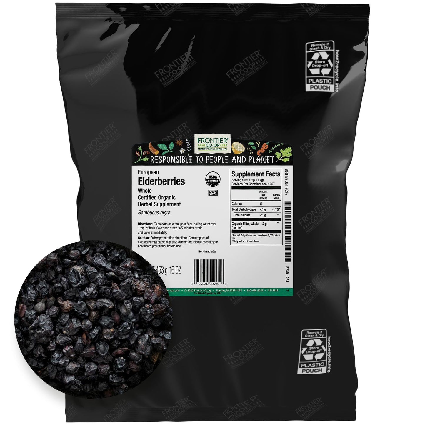 Frontier Co-op Dried Elderberries Organic, 2lb Bulk Bag, Whole Berries - Kosher and Non-GMO Dried Fruit for Elderberry Syrup, Tea and Powder