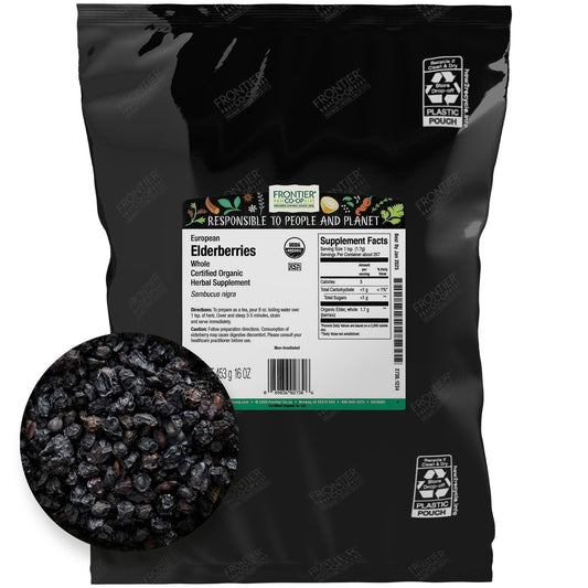 Frontier Co-op Dried Elderberries Organic, 2lb Bulk Bag, Whole Berries - Kosher and Non-GMO Dried Fruit for Elderberry Syrup, Tea and Powder