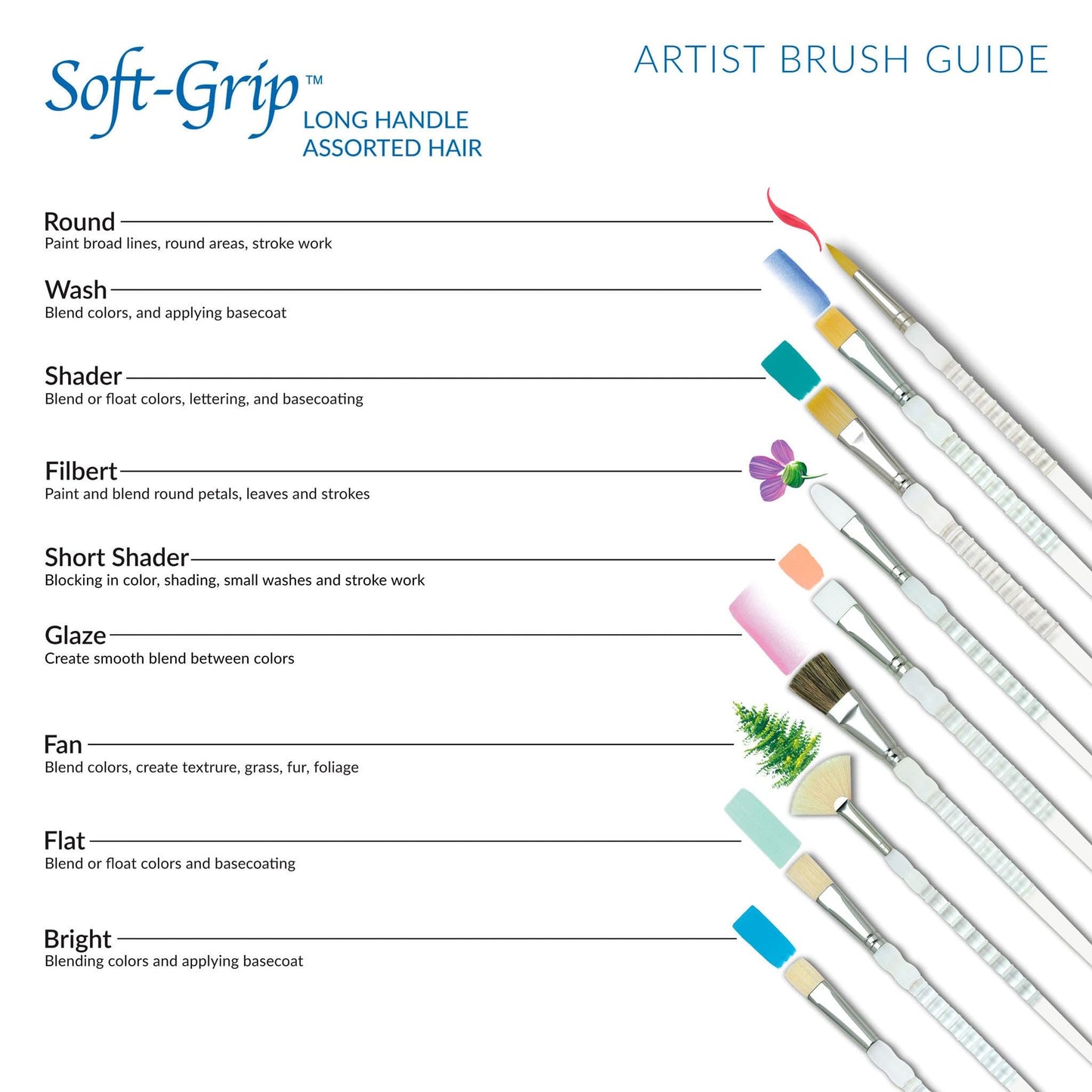 Royal and Langnickel Long Handle Soft Grip Taklon Variety Brush Set - White (Pack of 5)