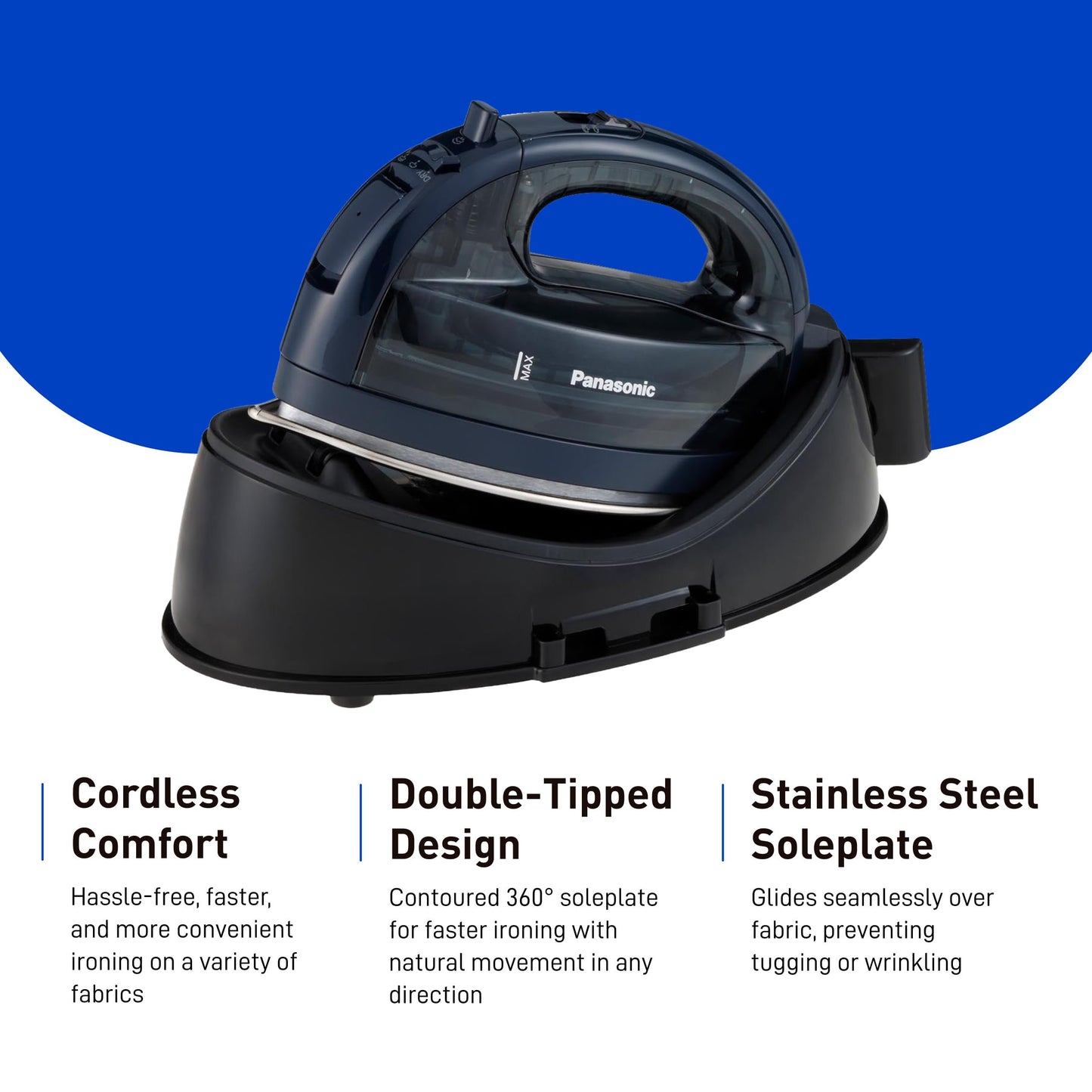Panasonic Cordless Steam/Dry Iron, 1500W Wide Stainless Steel Plate