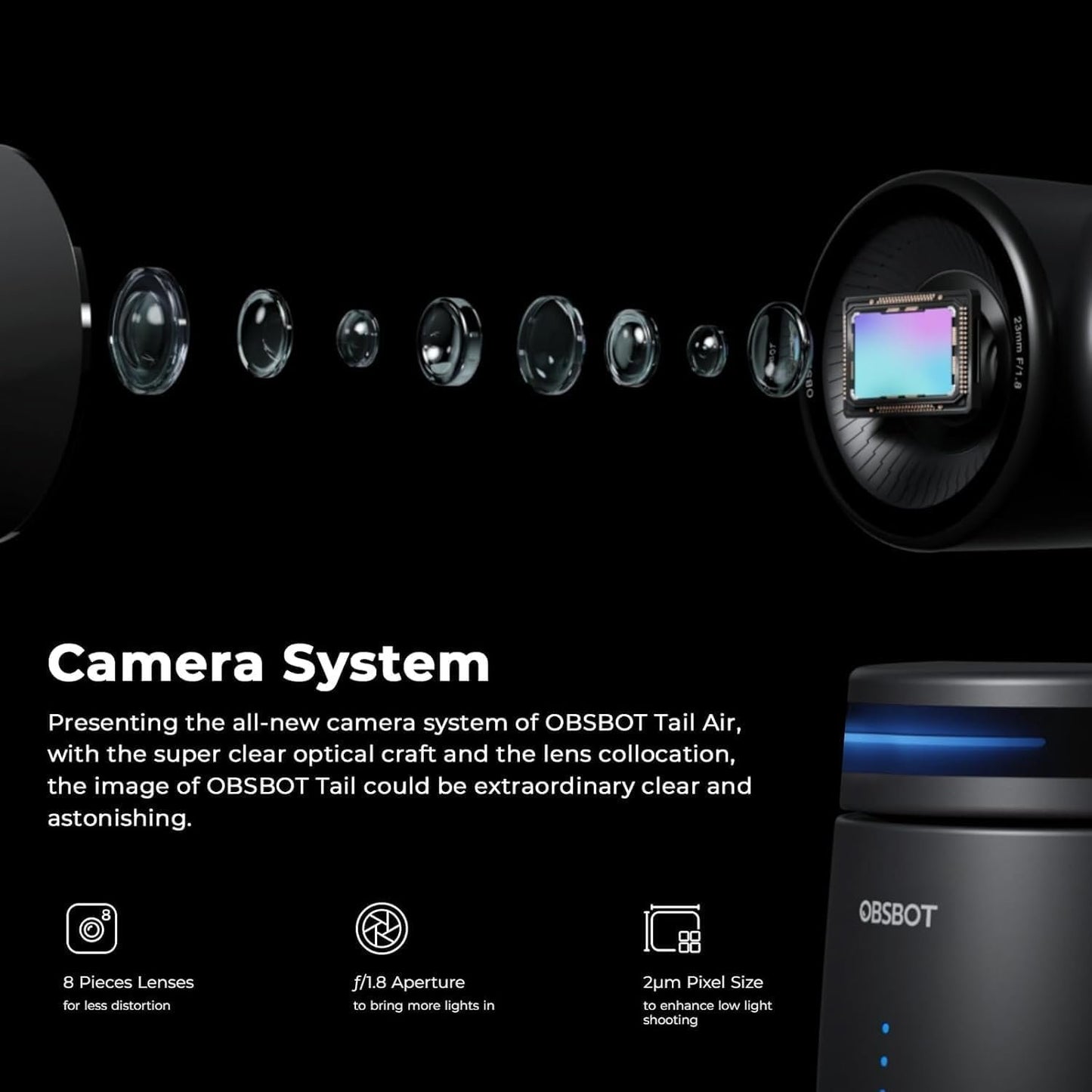 OBSBOT Tail AIR NDI Streaming PTZ Camera, 4K Webcam with AI Tracking, 1.8" CMOS, f/1.8 Aperture, Gesture & Remote Control, Wired&Wireless Connection, LiveStream for Church, Music Live.