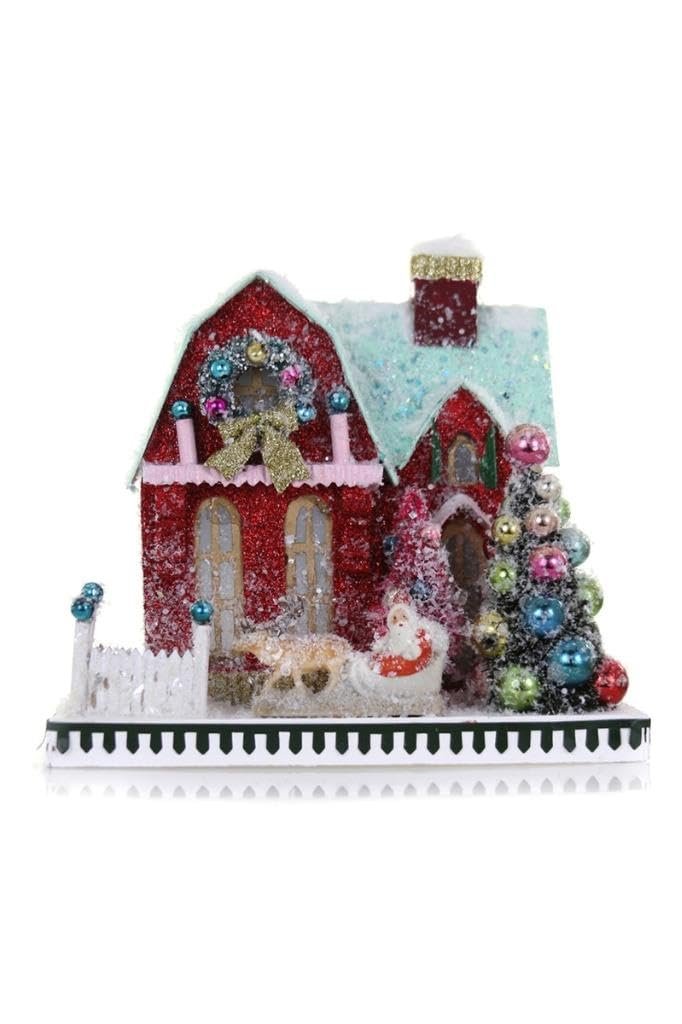 Cody Foster & Co. Red Glitter Santa in Sleigh Ranch Barn Christmas Village House