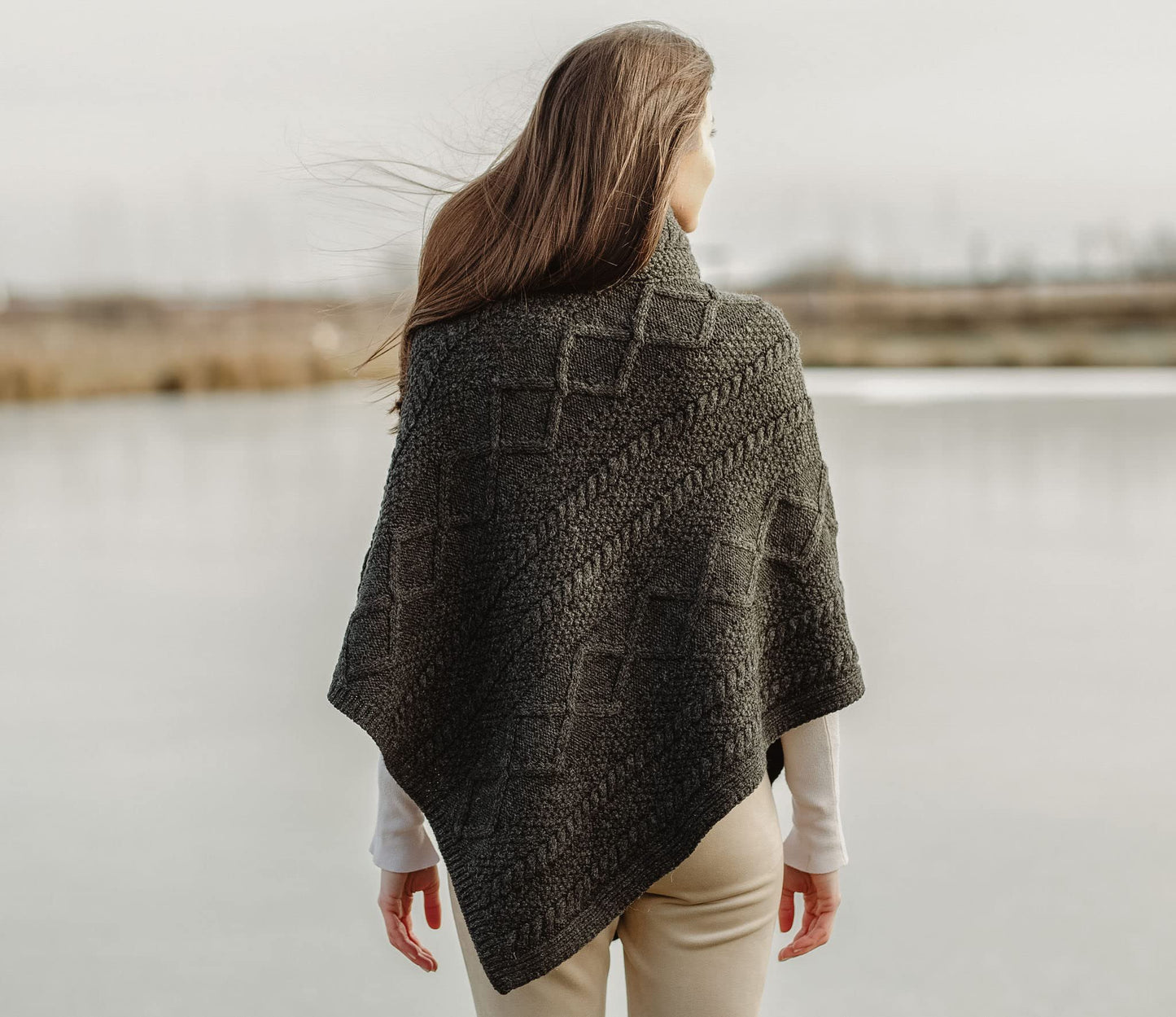 SAOL Wool Women's Poncho with Celtic Buttons Cable Knit Cardigan Cowl Neck Cape