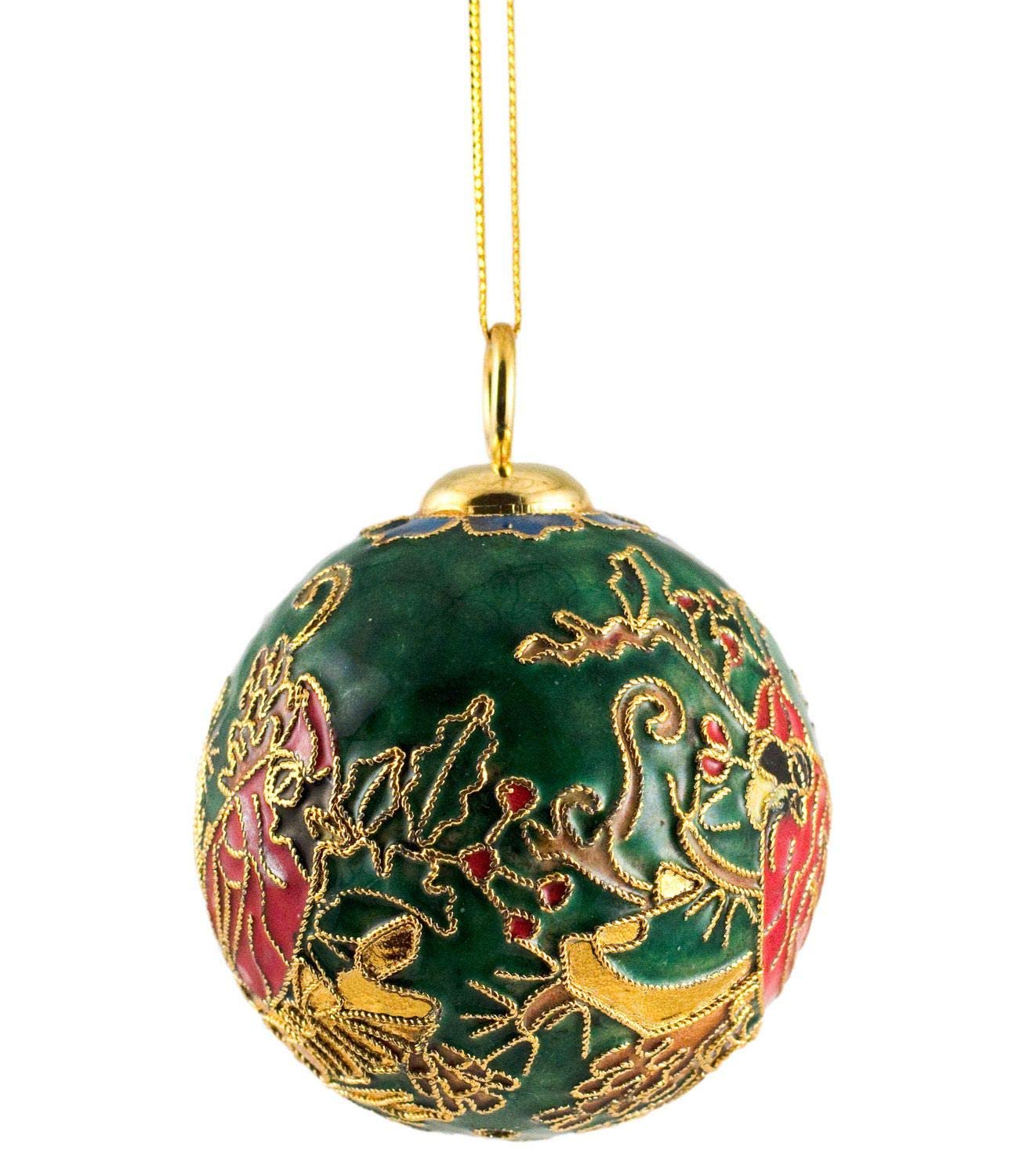 Value Arts Handmade Cloisonne Cardinal and Poinsettia Ball Hanging Ornament