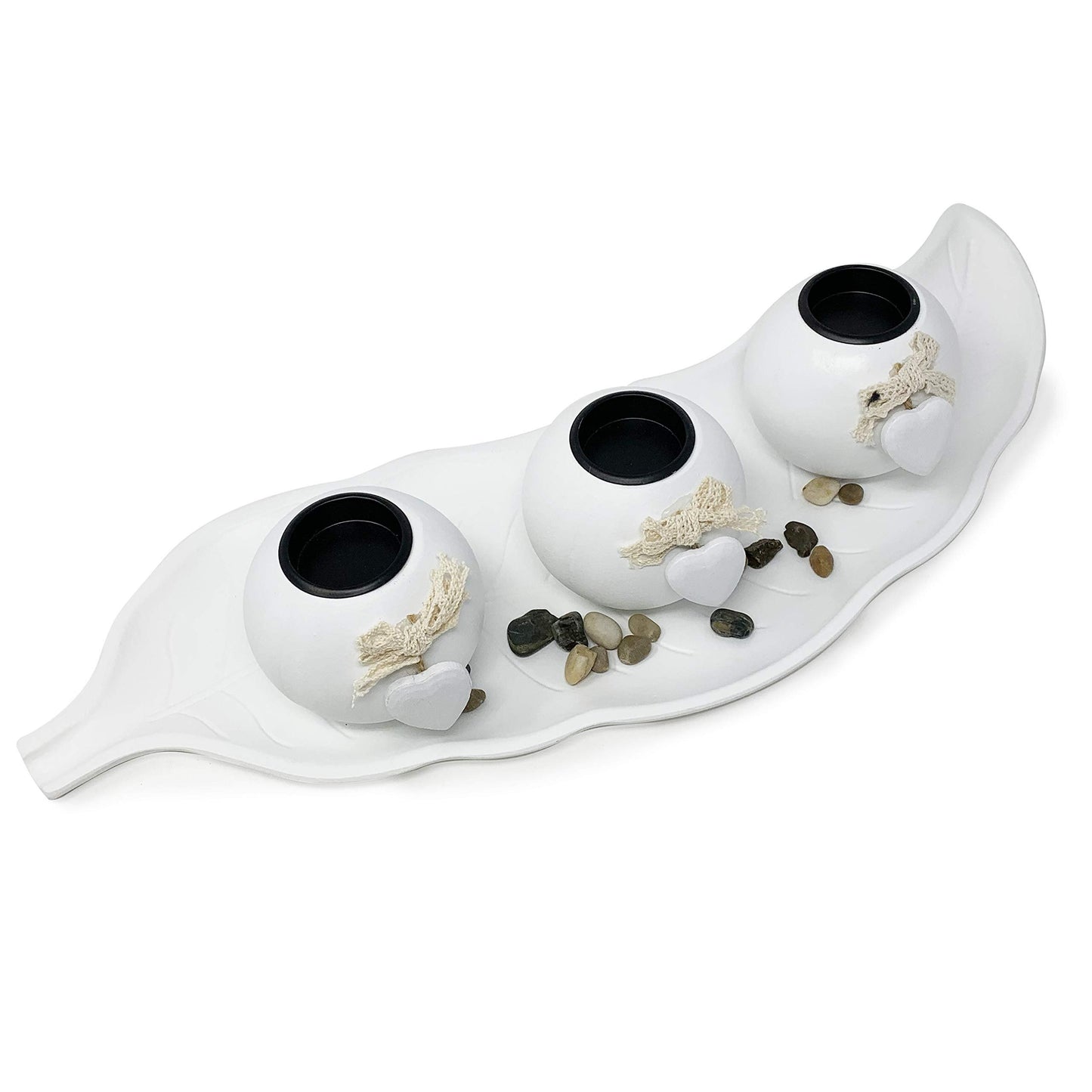 allgala Wooden Candle Holder Tray 3 Ball Orbs Set Tealight Candle Holder Centerpiece with Pebbles on Leaf Tray for Coffee Table Dining Table Accents Bowl for Living Room Décor