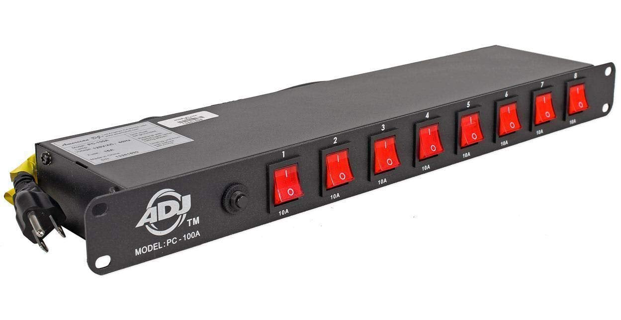 American DJ 8 channel AC power strip with 15 amp breaker and 8 on/off toggle switches. 19 inch rack mountable