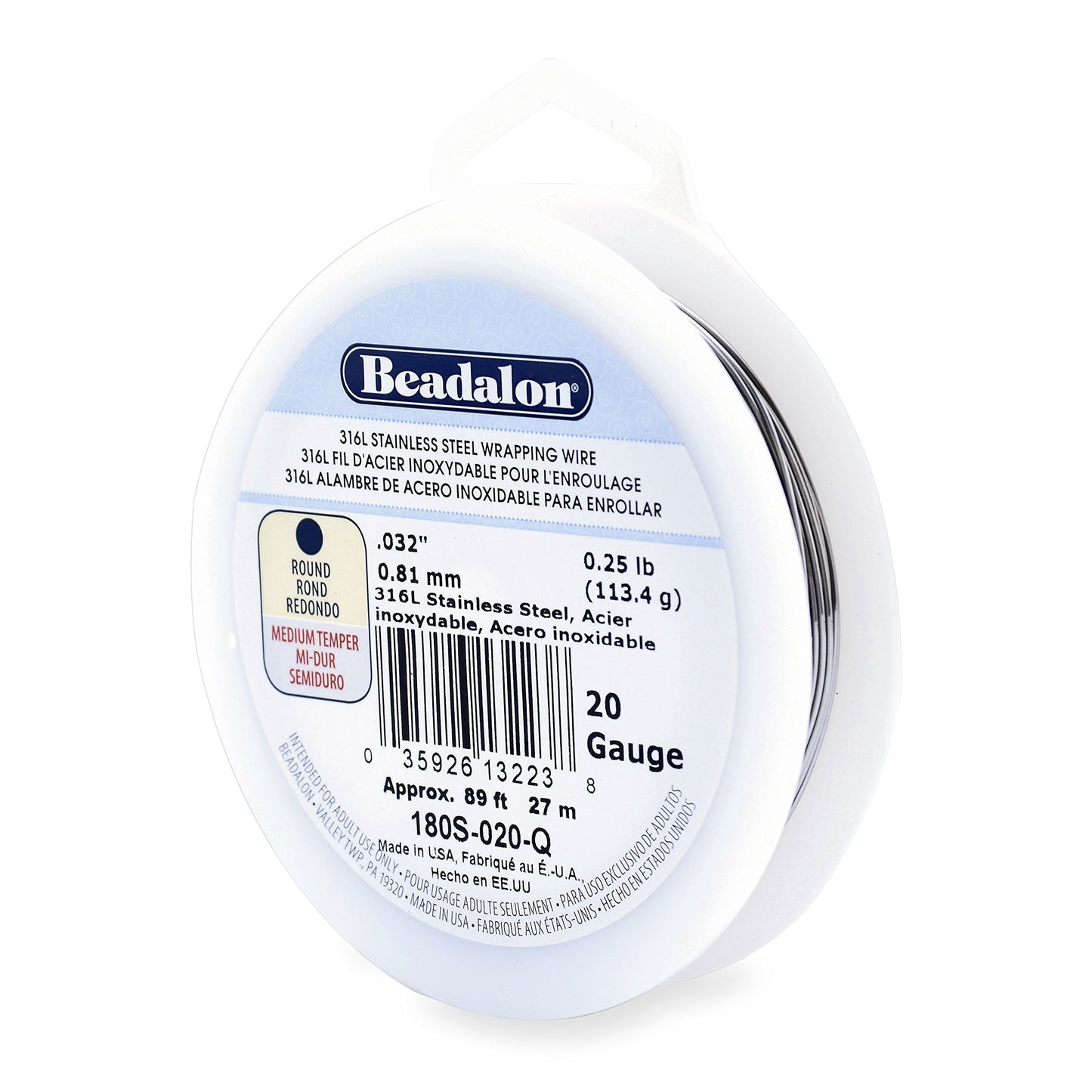 Beadalon 316L Stainless Steel Wrapping Wire, Round, 20 Gauge, Round, 89 feet, 1/4 Pound