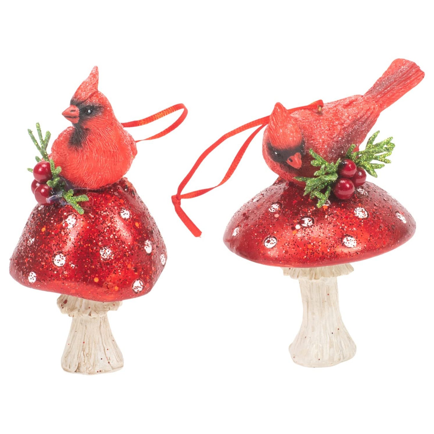 Kurt Adler Holiday Cardinal on Forest Mushroom Ornament, Set of 2