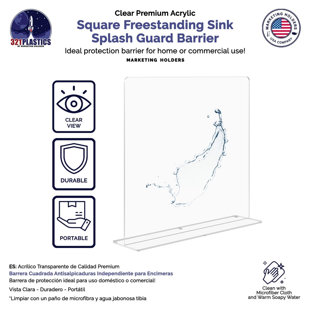 Clear Acrylic Large Sink Splash Guard Freestanding Panel Barrier One Piece No Assembly Protective Shield for Medical Complexes Schools Workspaces and Restaurants 19" x 18" by Marketing Holders