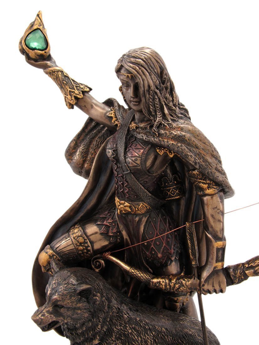 PTC Skadi Warrior with Bow and Arrow and Wolf Resin Statue Figurine