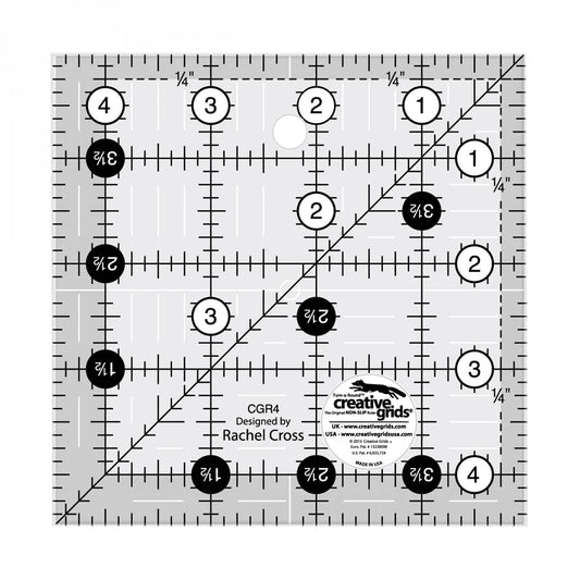 Creative Grids Quilt Ruler 4-1/2in x 4-1/2in Square – CGR4 – Made in USA, Non-Slip Grip Acrylic Quilting, Sewing, Crafting, Patchwork Ruler for Measuring & Cutting Fabric