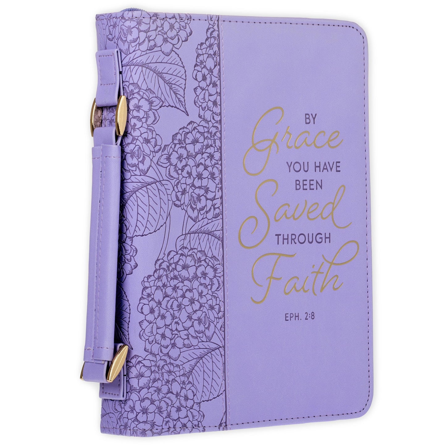 Christian Art Gifts Faux Leather Fashion Bible Cover for Women: by Grace You Have Been Saved - Ephesians 2:8 Inspirational Bible Verse, Hydrangea Lavender-Purple, Large