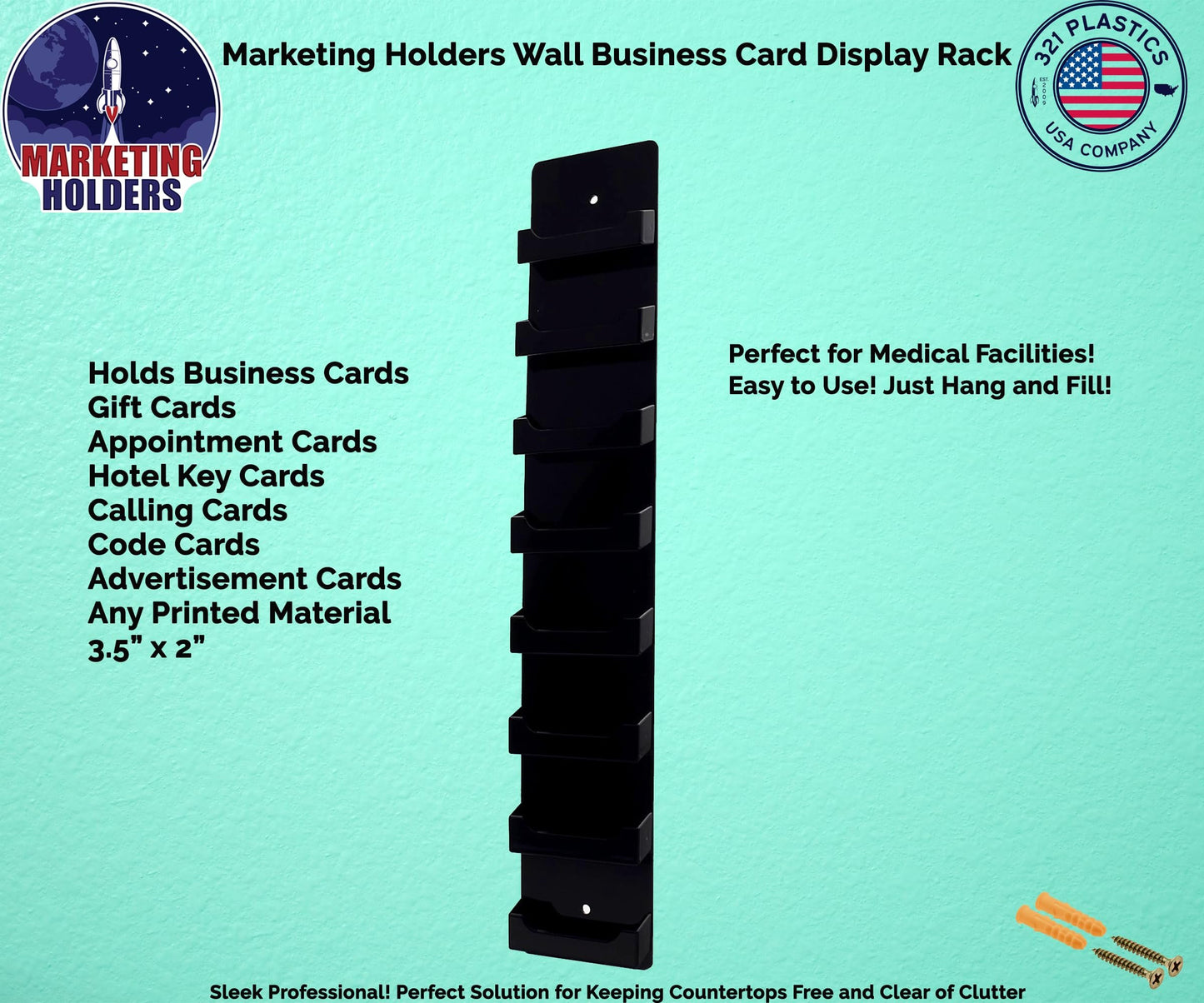 Marketing Holders Wall Business Card Holder with Hanging Hardware for 3.5" x 2" Gift or Appointment Cards Trade Show Convention Real Estate Hotel Hospitality 8 Slots Black Acrylic One Piece Modern