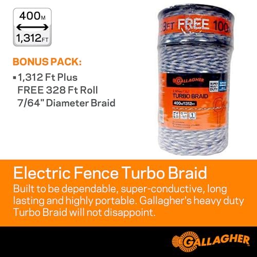 Gallagher Electric Fence Turbo Braid |Bonus Pack -1312 Ft Plus Free 328 Foot Roll |9 Mixed Metal Braided Strands for Reliable High Conductivity and Rust Resistance | 7/64" Highly Visible Striped Braid