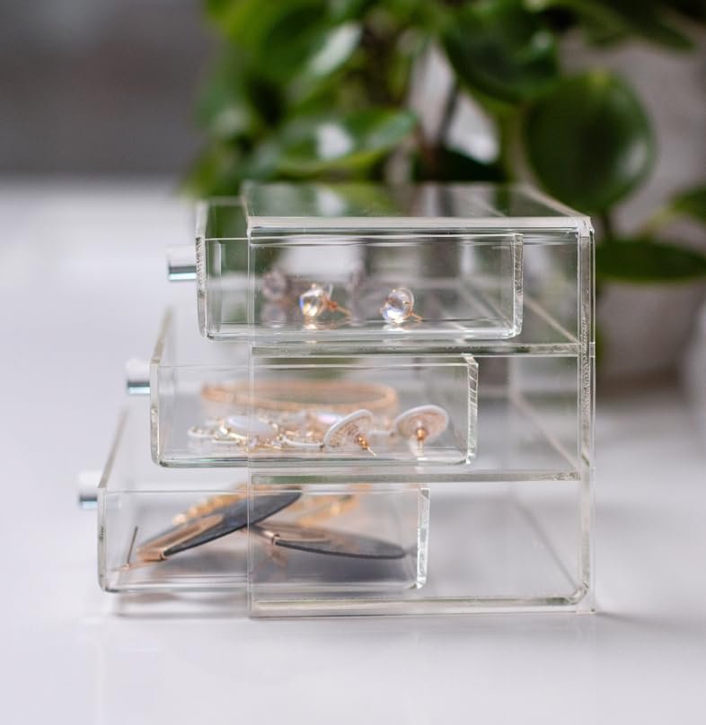 Huang Acrylic Clear Acrylic 3-Drawer Chest for Jewelry and Accessories