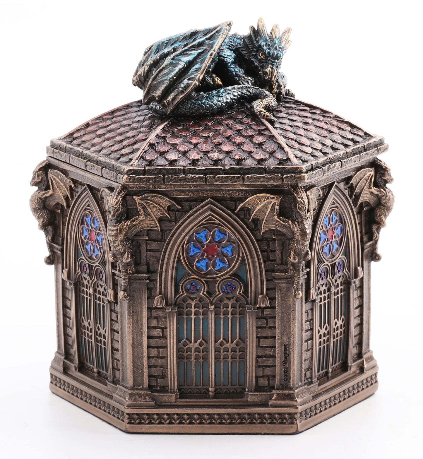 Veronese Design 4 7/8 Inch Resting Cathedral Dragon Hexagon Trinket Box Cold Cast Resin Bronze Finish