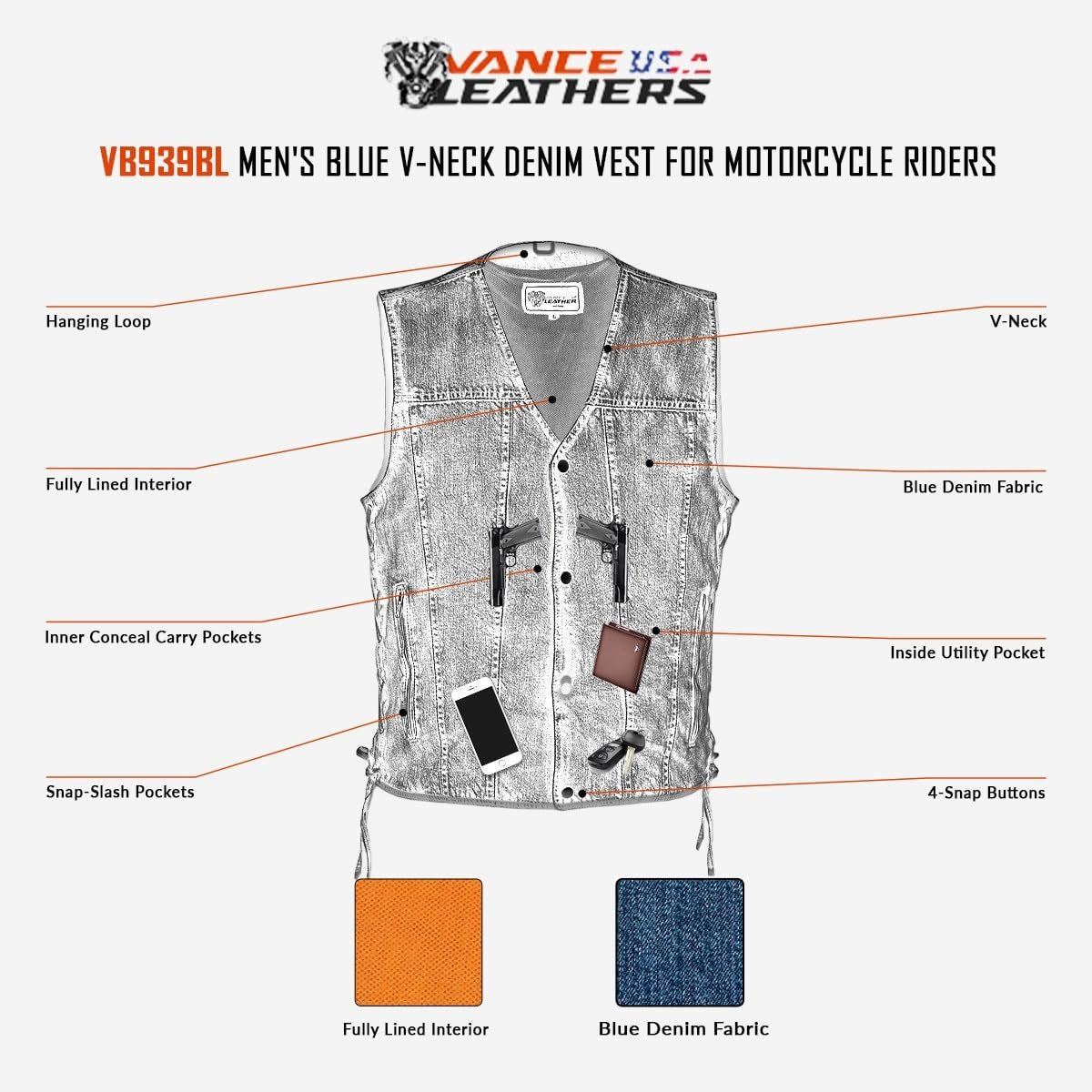 Vance Men's V-Neck Denim Vest for Motorcycle Riders with Conceal Carry Pockets