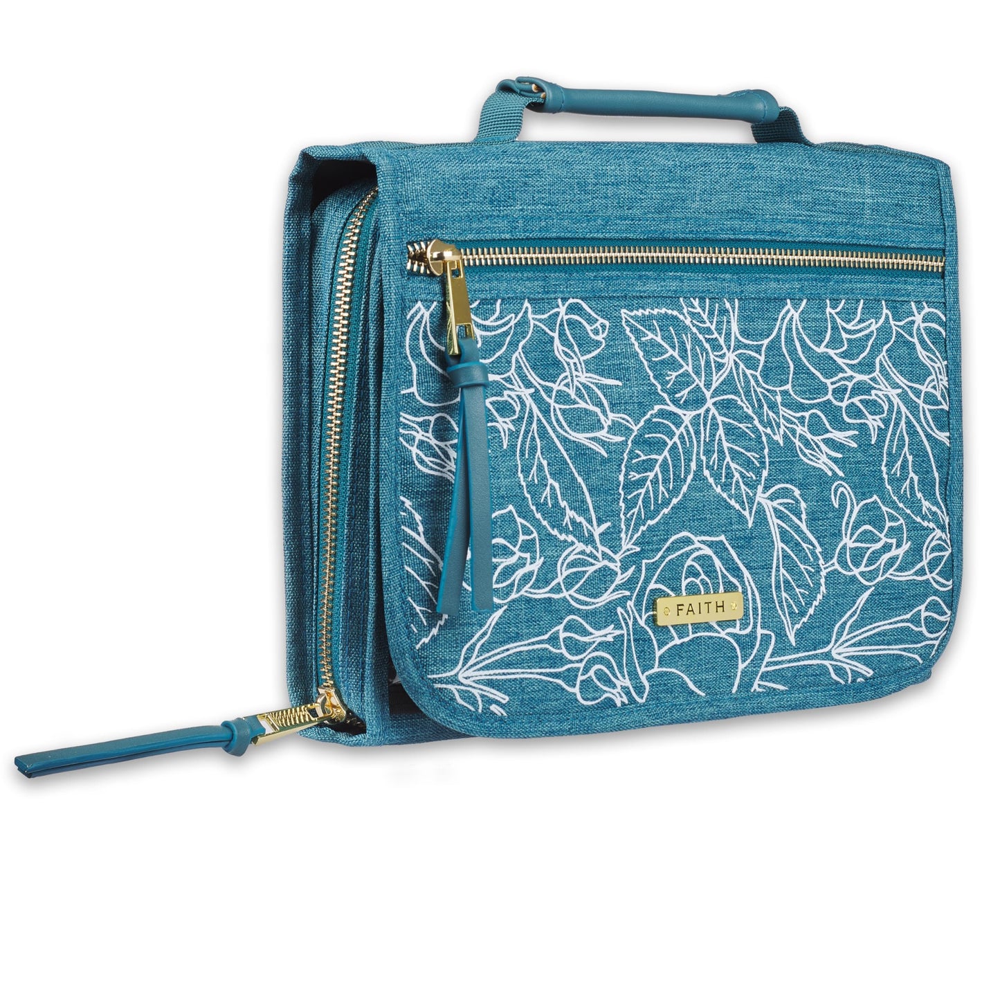 Christian Art Gifts Faith Badge Floral Women's Tri-Fold Organizer Bible Cover Zipper Closure, Teal Canvas, Large