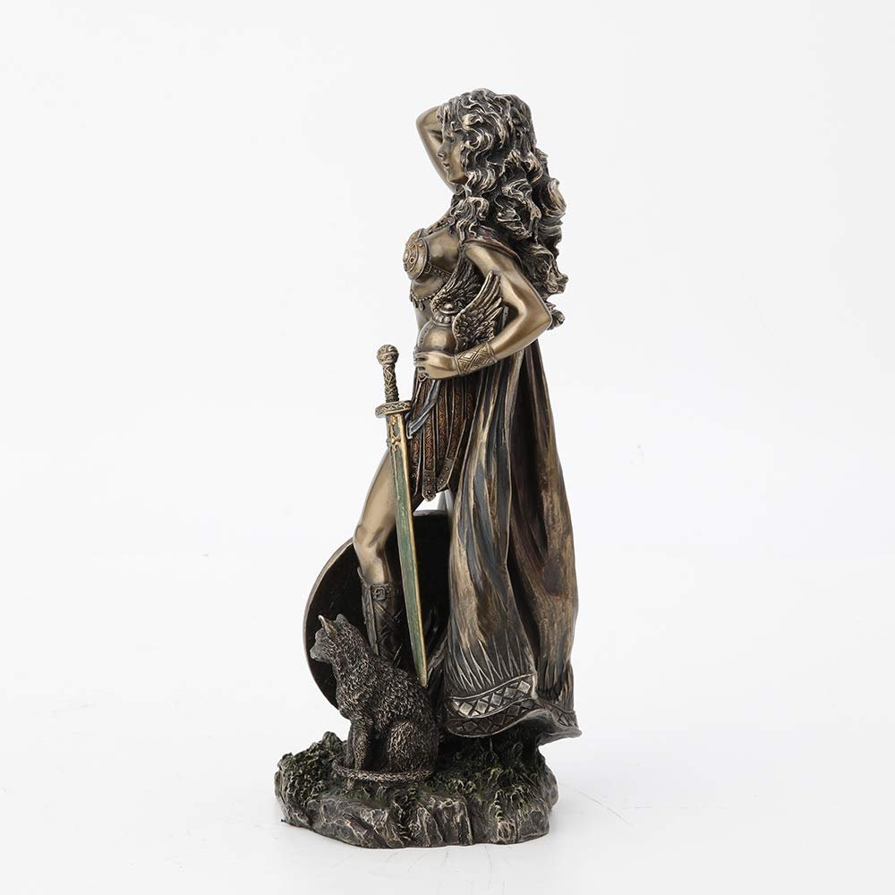 Veronese Design Freya, Norse Goddess of Love, Beauty and Power, with Helmet and Shield - Antique Bronze Finished Resin Statue - Excellent Detail, Hand Painted Accents - 10 Inches Tall