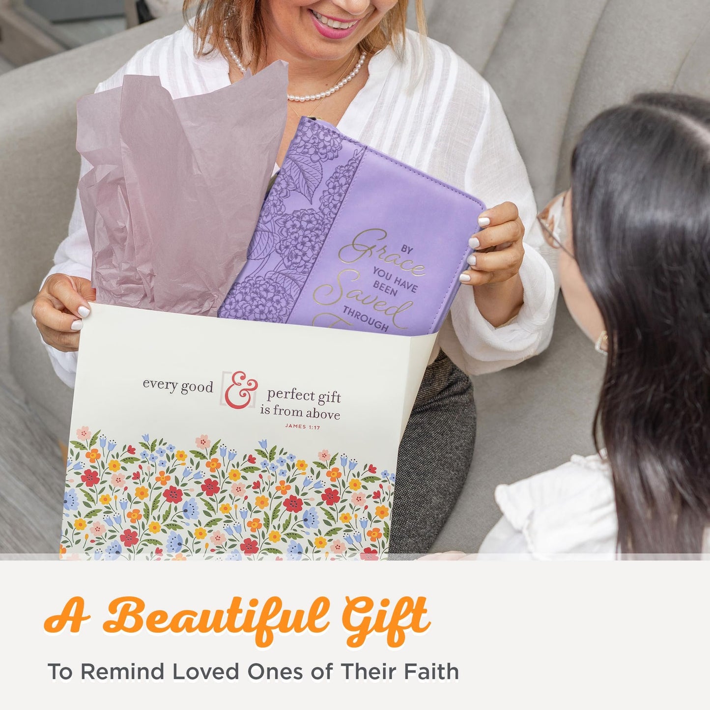 Christian Art Gifts Faux Leather Fashion Bible Cover for Women: by Grace You Have Been Saved - Ephesians 2:8 Inspirational Bible Verse, Hydrangea Lavender-Purple, Large