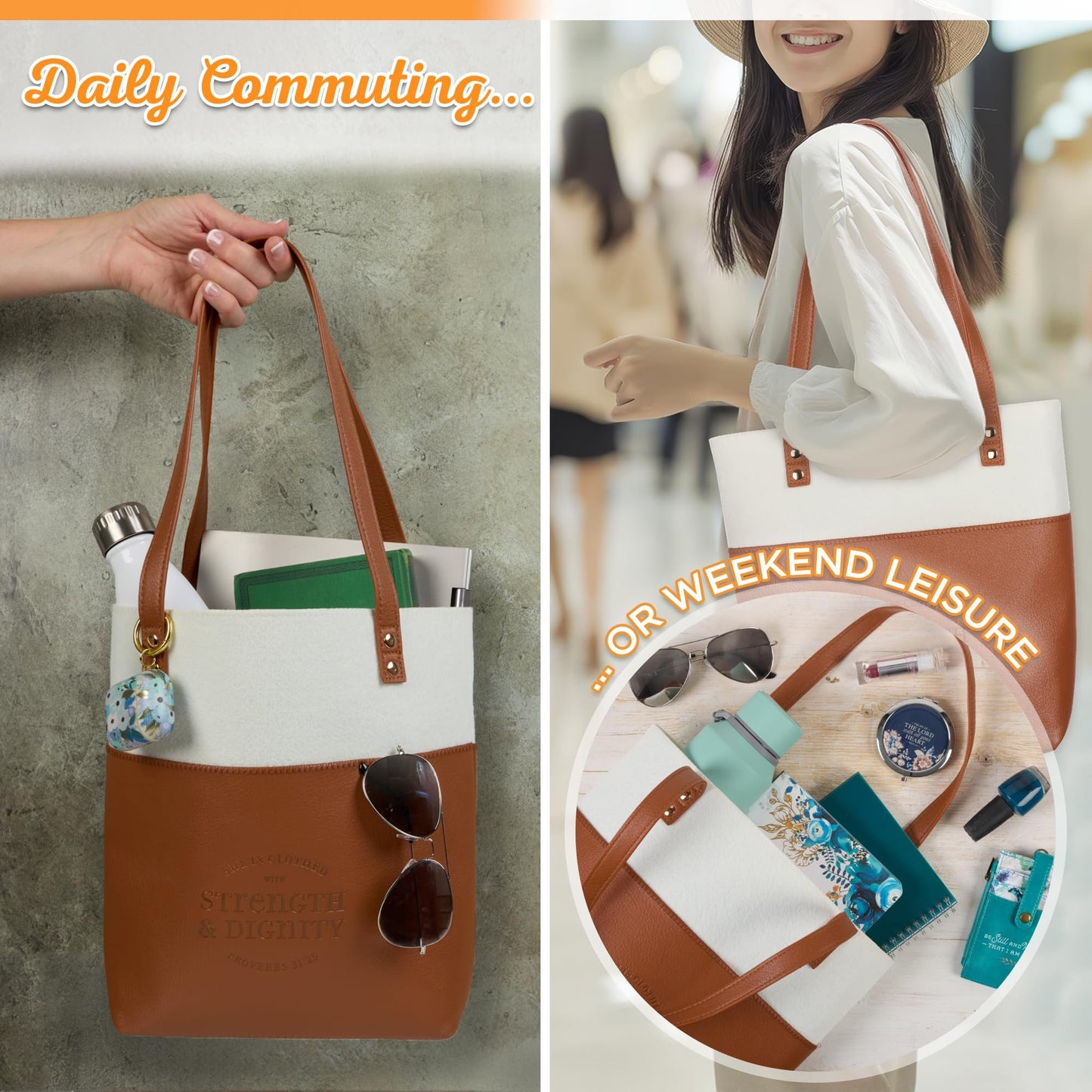 Christian Art Gifts Felt and Faux Leather Fashion Bible Cover Tote Bag with Inspirational Scripture, One Size