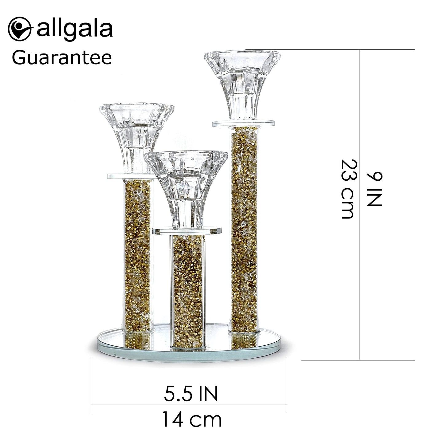 Allgala 9 Inch Tall 3-Pillar Filled with Diamond Like Stone Filled Crystal Candlesticks with Mirror Base
