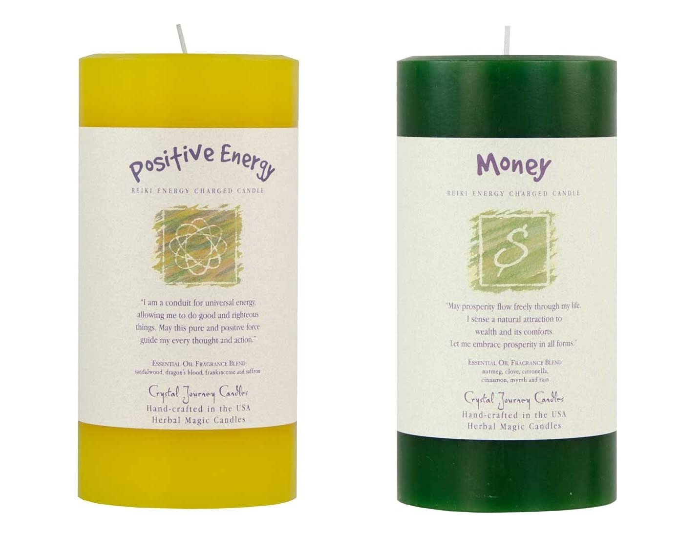 6" x 3" Crystal Journey Reiki Charged Herbal Pillar Candle Bundle (Positive Energy, Money) - Handcrafted with Lead-Free Materials