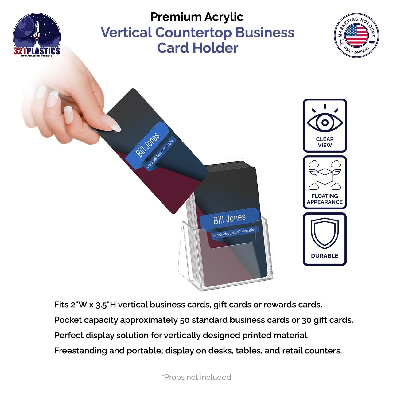 Marketing Holders 2 Pack Vertical Business Card Holder Desktop Display for 2" x 3.5" Appointment and Contact Cards at Medical and Dental Offices Lightweight Clear Acrylic Take A Card Display