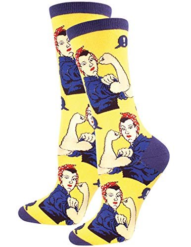Socksmith Women's 'Rosie The Riviter' Print Socks, Rosie Yellow, Women's Size 9-11, fits shoe sizes 6-10.