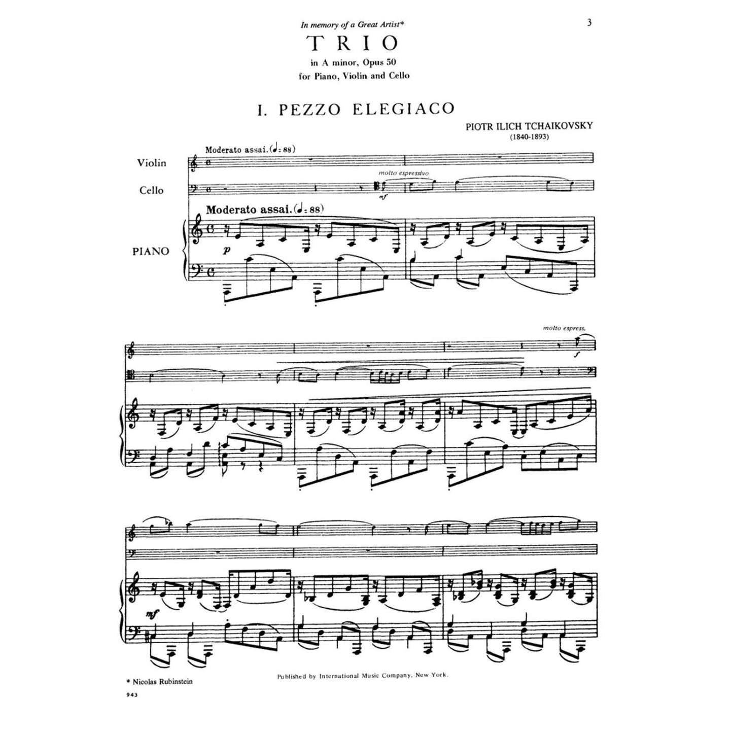 Tchaikovsky, Pyotr Ilyich - Piano Trio in a minor Op 50 For Violin, Cello and Piano Published by International Music Com