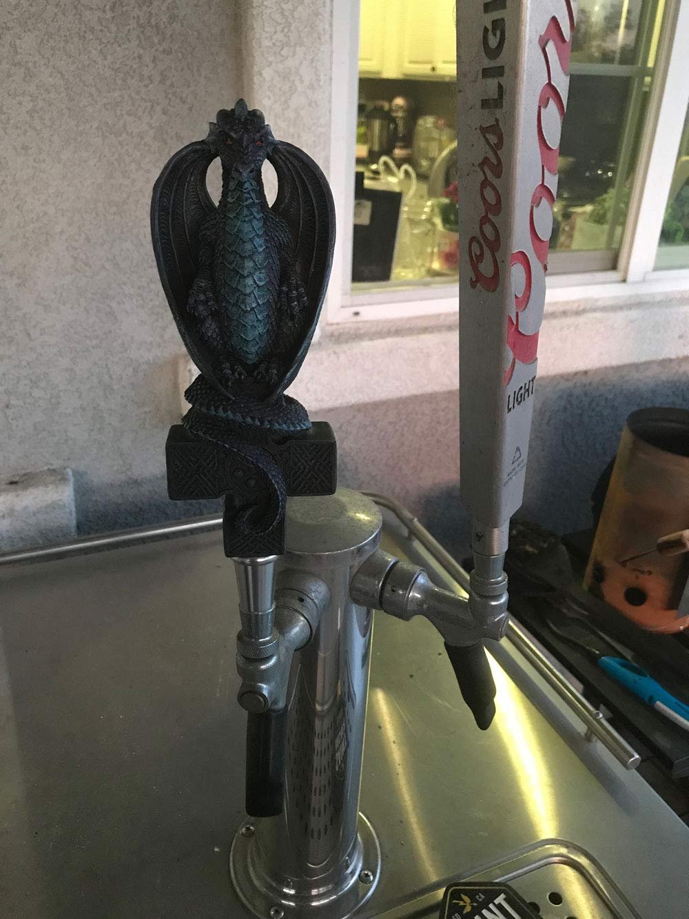 SUMMIT COLLECTION Fantasy Dragon On Celtic Cross Beer Tap Handle Display Grey Stone Sculptural Decor for Homebrew Kegerators Man Cave Bars Cool Beer Gift