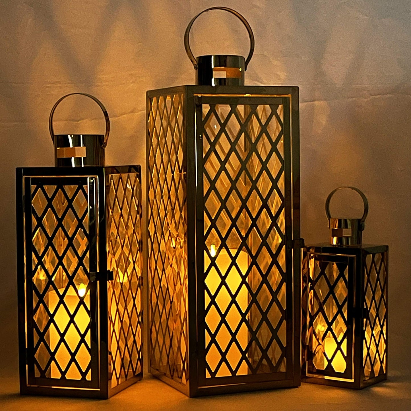 Allgala Lantern Set 3-PC Jumbo Deluxe Modern Indoor/Outdoor Candle Lantern Set with Chrome Plated Structure and Tempered Glass for Garden Poolside Fireplace Wedding