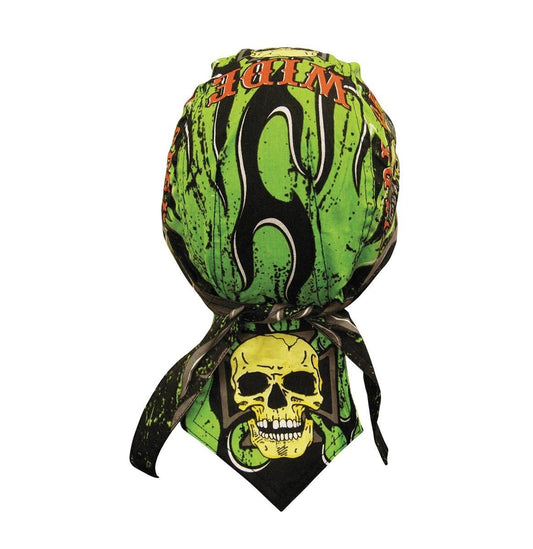 Danbanna Deluxe Neon Green Black Orange Wide Open Pinstripe Flames Headwrap Doo Rag Skull Cap Durag Sweatband Adjustable Ties