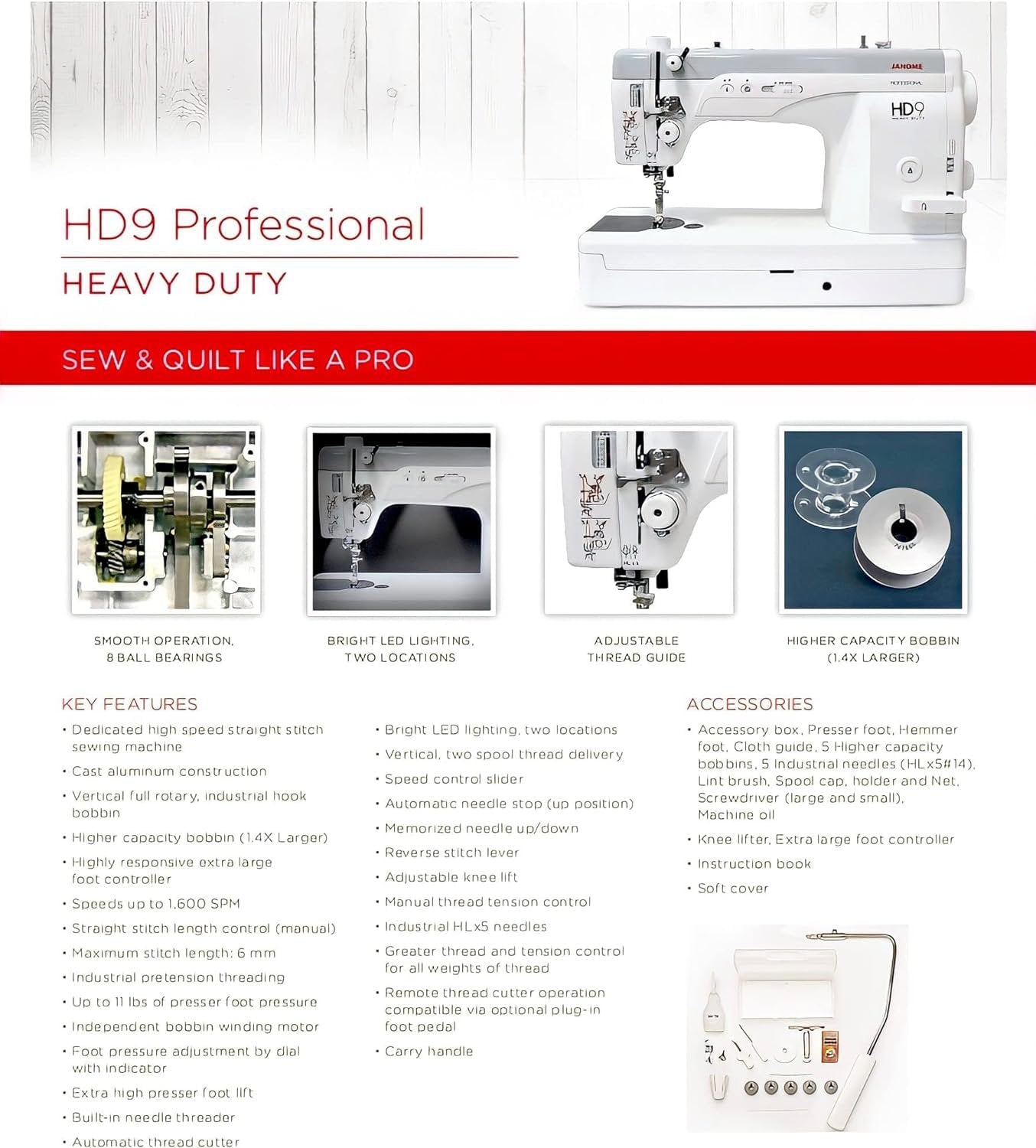 Janome HD9 White: Heavy Duty High Speed Portable Industrial Sewing Machine, with Extra Large Bobbin
