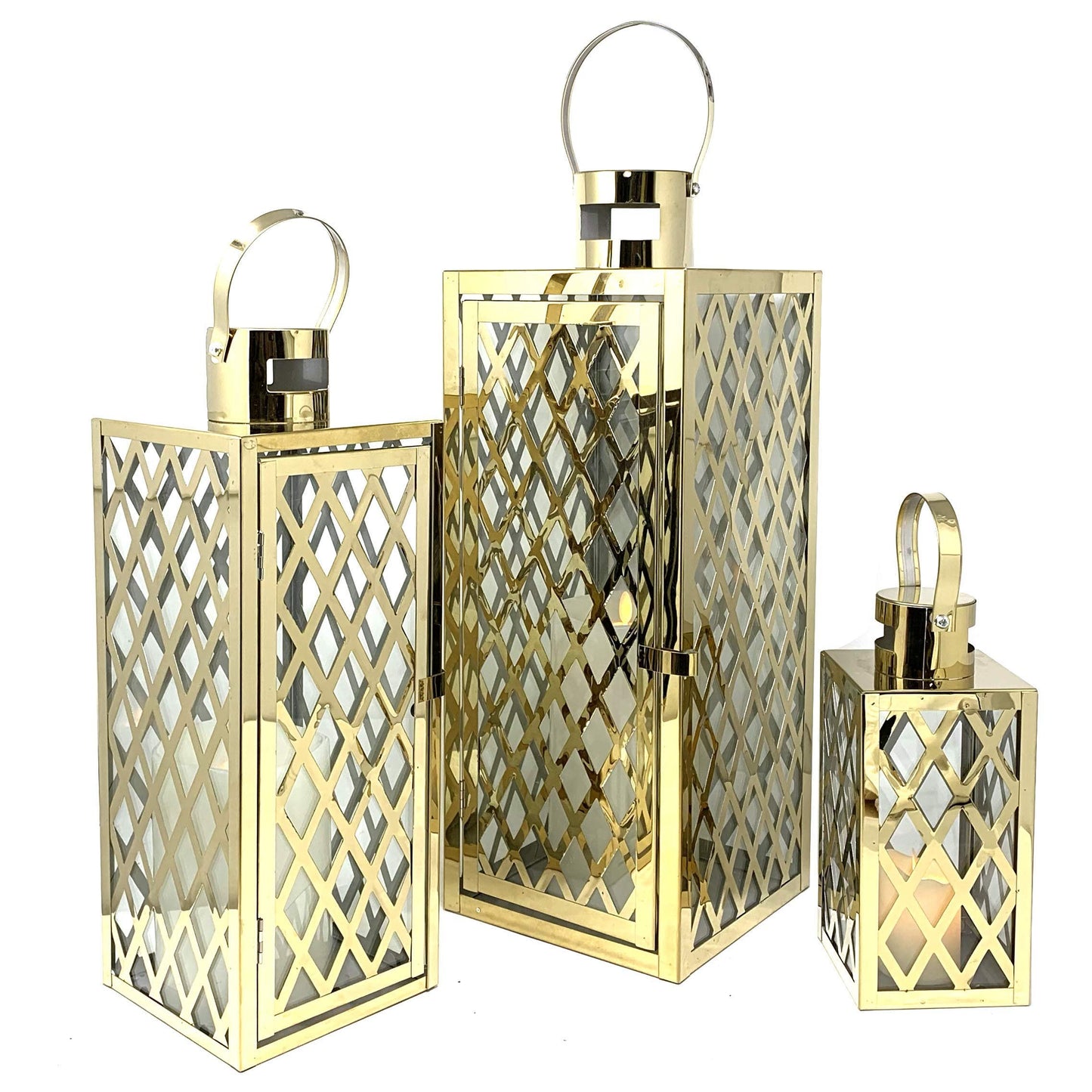 Allgala Lantern Set 3-PC Jumbo Deluxe Modern Indoor/Outdoor Candle Lantern Set with Chrome Plated Structure and Tempered Glass for Garden Poolside Fireplace Wedding