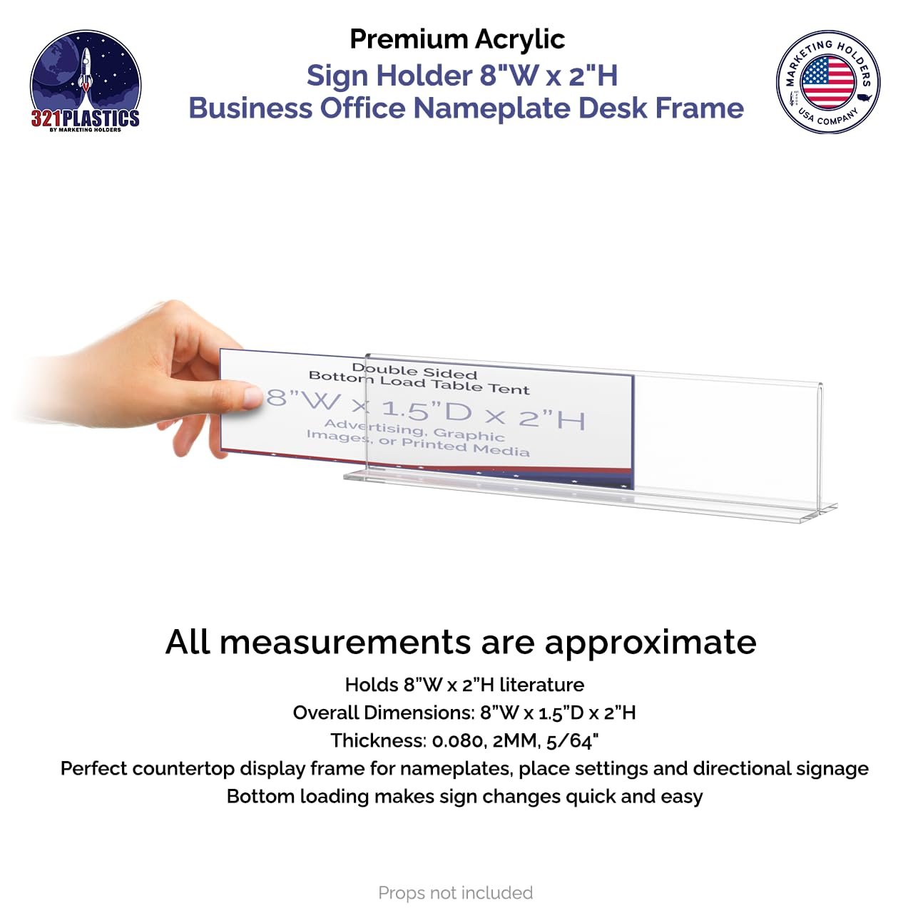 Marketing Holders 8" x 2" Name Plate Clear Desk Sign Holder Bottom Load Menu Pricing Deli Countertop Expo Event Sign Display Stand