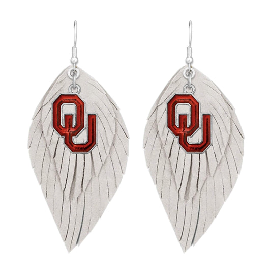 Oklahoma Sooners White Red Boho Leather Feather Wire Earrings Jewelry Gift OU