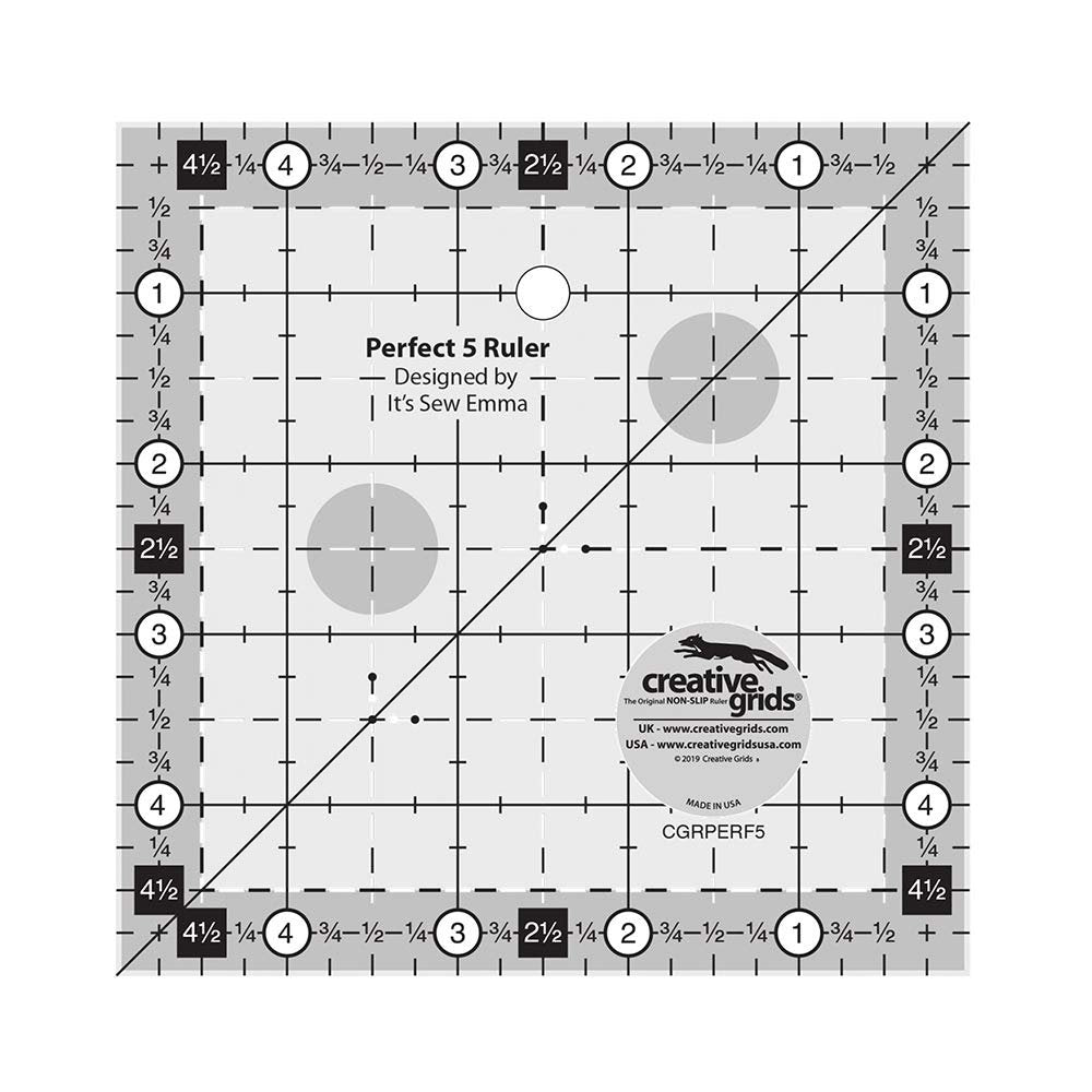Creative Grids Perfect 5 Quilting Ruler 5in x 5in Square – CGRPERF5 – Made in USA, 5in x 5in, Non-Slip Grip Acrylic Quilting, Sewing, Crafting, Patchwork Ruler for Measuring & Cutting Fabric