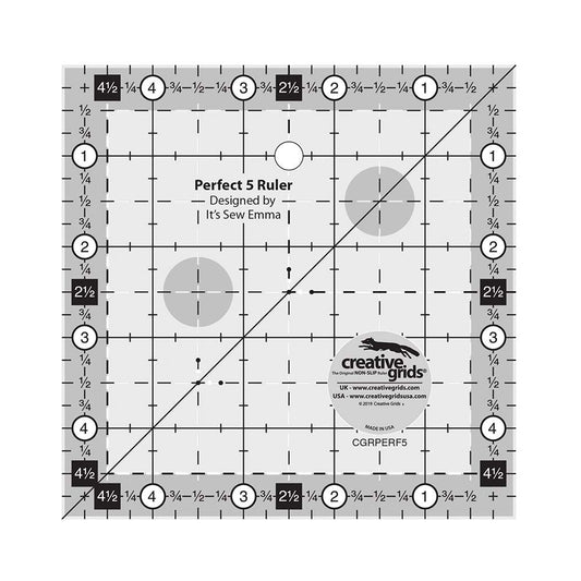 Creative Grids Perfect 5 Quilting Ruler 5in x 5in Square – CGRPERF5 – Made in USA, 5in x 5in, Non-Slip Grip Acrylic Quilting, Sewing, Crafting, Patchwork Ruler for Measuring & Cutting Fabric