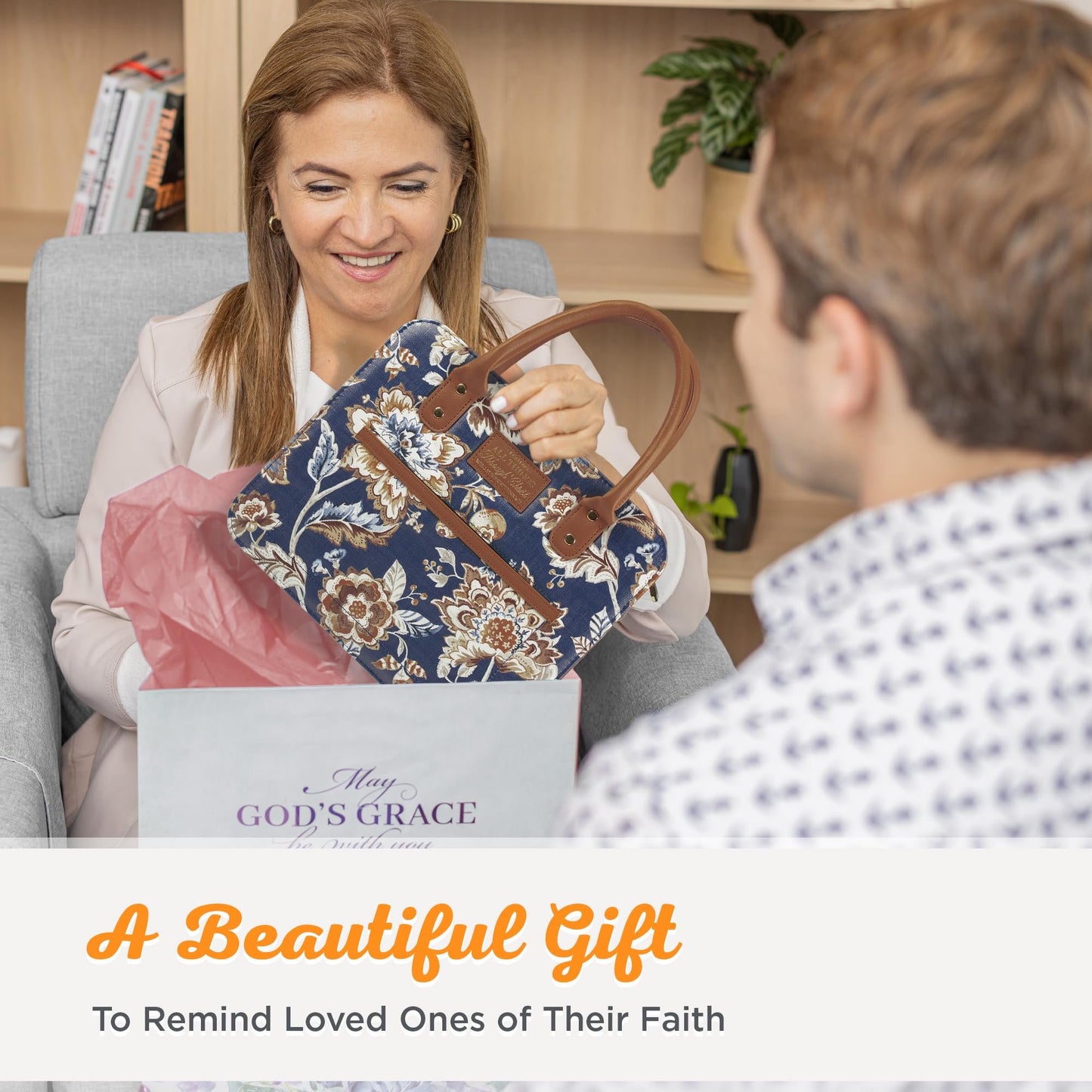 Christian Art Gifts Fashion Vegan Leather Purse Style Bible Cover Case for Women: All Things Through Christ Gold Scripture, Pen Loops, Two Handles, Pockets, Navy Blue & Brown Floral