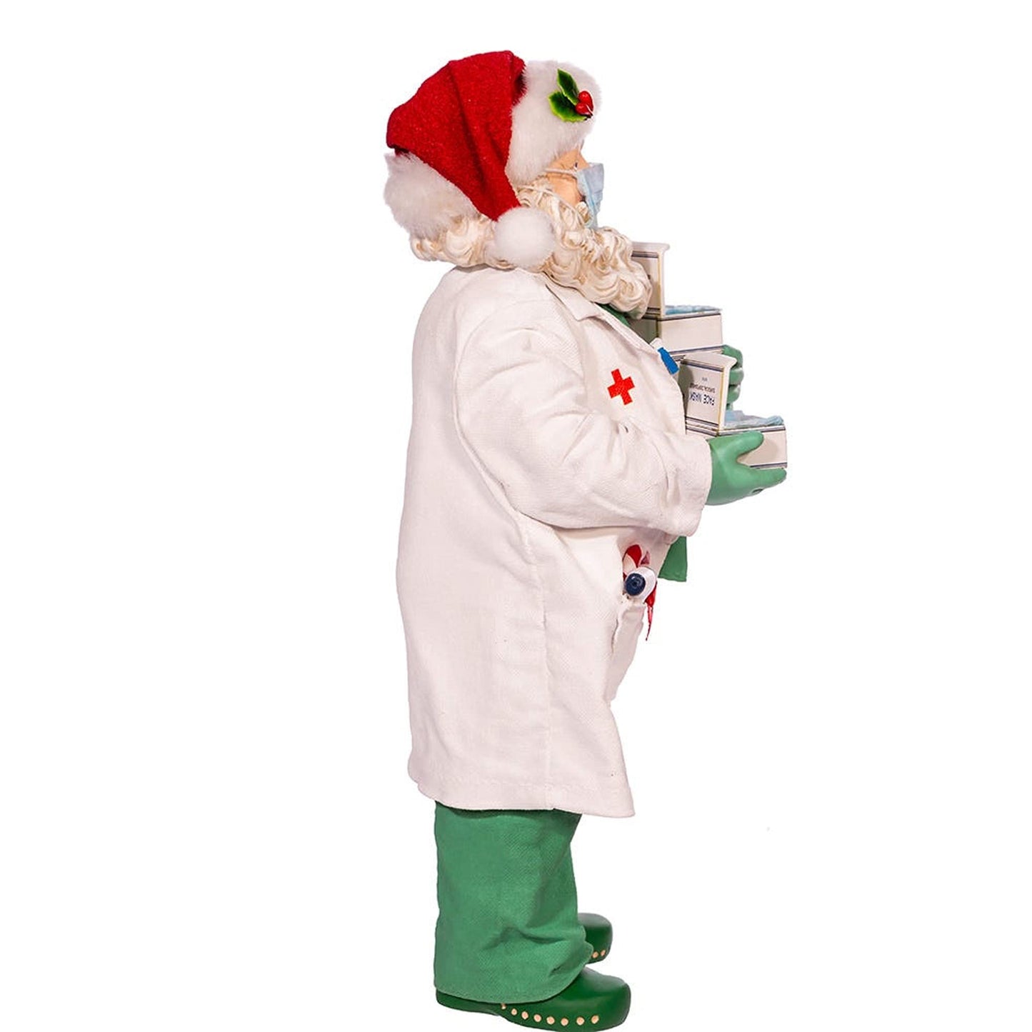 Kurt Adler 10.5-Inch Fabriche Santa Doctor in Scrubs Holding Boxes Of Masks, Multi-color, (FA0144)