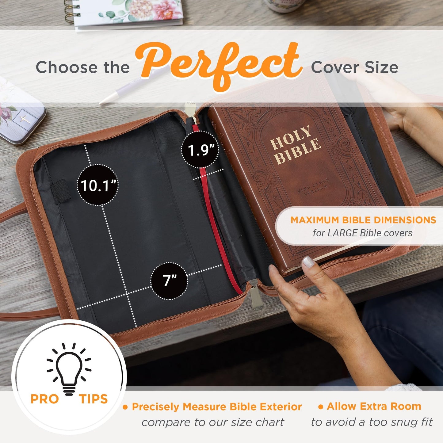 Christian Art Gifts Fashion Vegan Leather Purse Style Bible Cover Case for Women: All Things Through Christ Gold Scripture, Pen Loops, Two Handles, Pockets, Navy Blue & Brown Floral