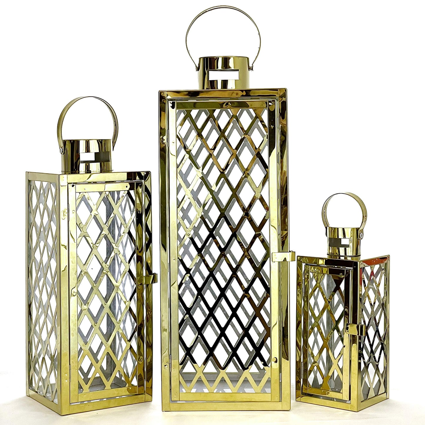 Allgala Lantern Set 3-PC Jumbo Deluxe Modern Indoor/Outdoor Candle Lantern Set with Chrome Plated Structure and Tempered Glass for Garden Poolside Fireplace Wedding