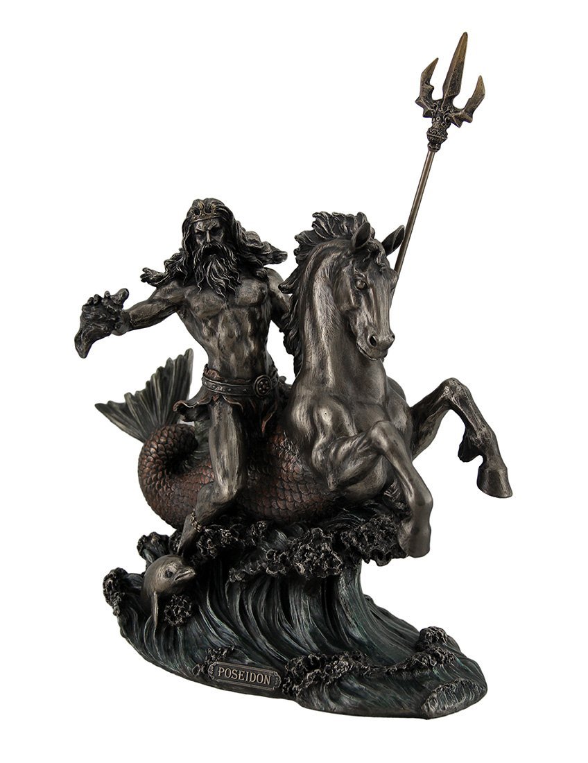 Zeckos Poseidon Greek God of The Sea Holding Trident On Hippocampus Metal Tabletop Statue Dark Brown/Black