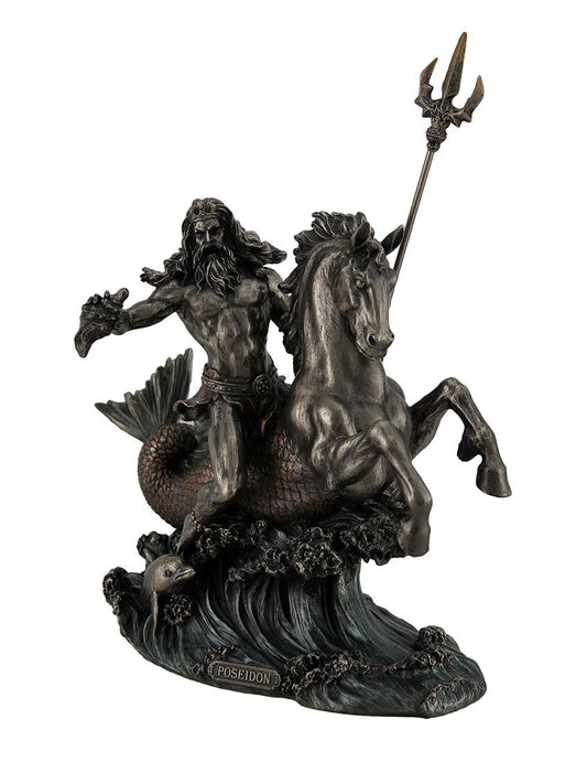 Zeckos Poseidon Greek God of The Sea Holding Trident On Hippocampus Metal Tabletop Statue Dark Brown/Black